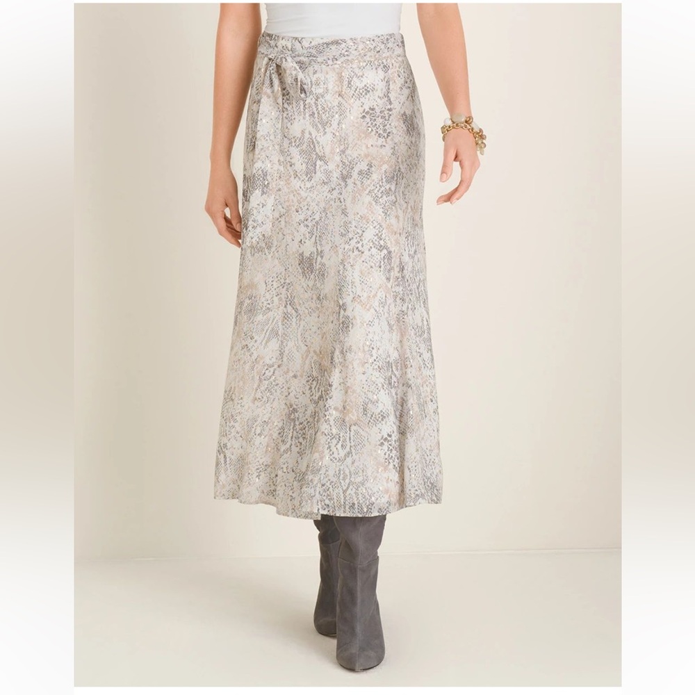 Chico's Snakeskin Print A-line Midi Skirt 16 Tie Waist Romantic Ethereal NWT - Picture 4 of 11